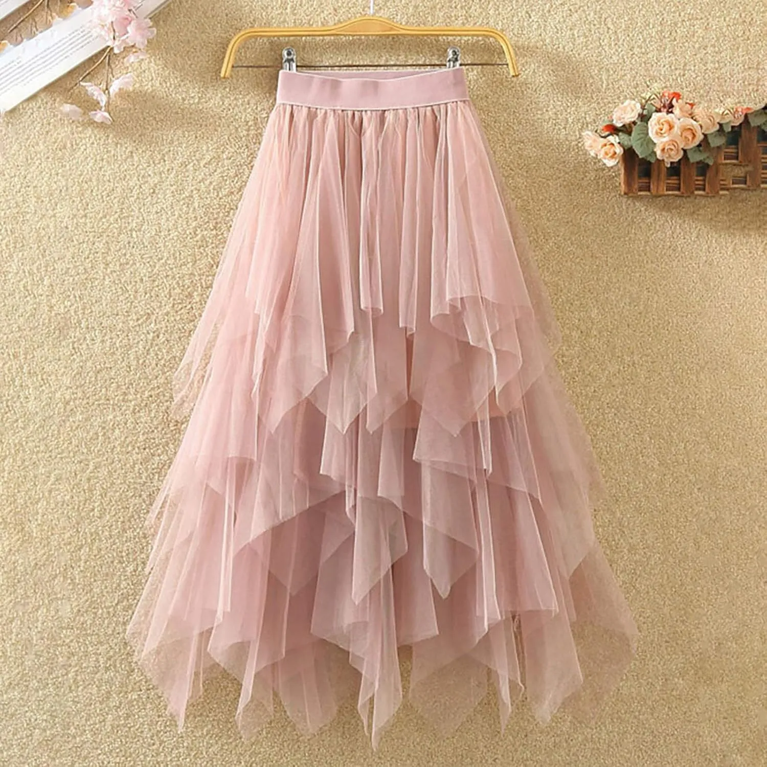 Women Tutu Tulle Skirt Elastic High Waist Layered Pleated Swing Skirt Floral Print Mesh A-Line Midi Skirt