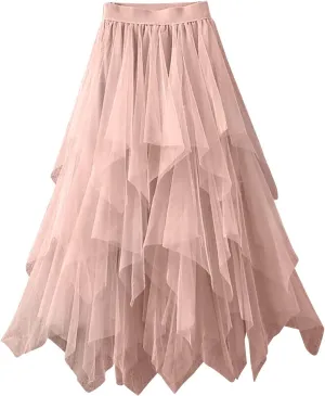 Women Tutu Tulle Skirt Elastic High Waist Layered Pleated Swing Skirt Floral Print Mesh A-Line Midi Skirt