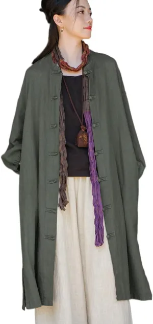 Women Vintage Cotton Linen Trench Coat Solid Color Button Down Long Sleeve Long Jackets with Pockets