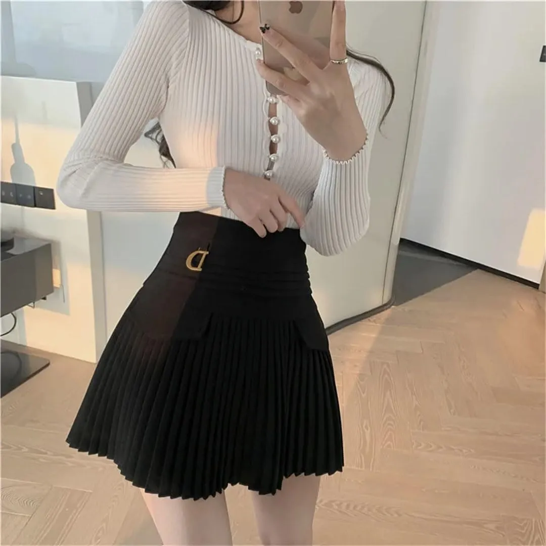 Women White Pleated Skirts Sexy Slim College High Waist Mini Metal Letter Line Clubwear