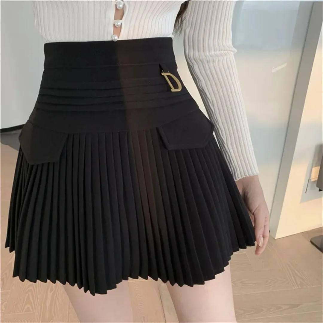 Women White Pleated Skirts Sexy Slim College High Waist Mini Metal Letter Line Clubwear