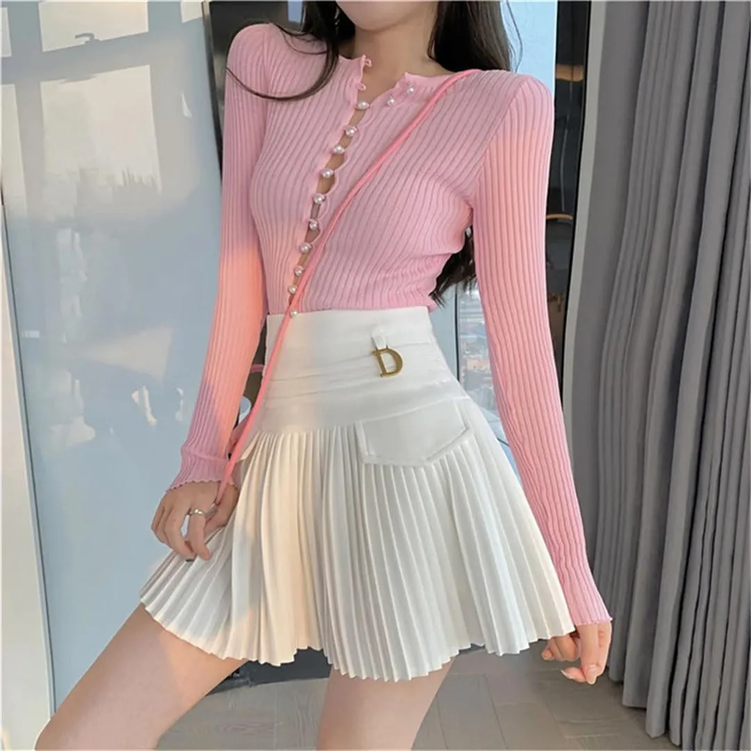 Women White Pleated Skirts Sexy Slim College High Waist Mini Metal Letter Line Clubwear