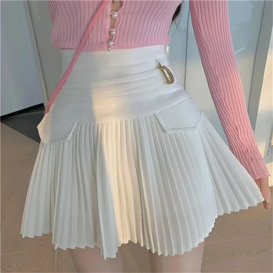 Women White Pleated Skirts Sexy Slim College High Waist Mini Metal Letter Line Clubwear