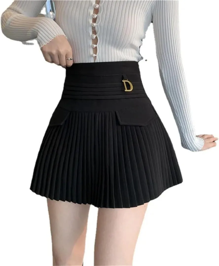 Women White Pleated Skirts Sexy Slim College High Waist Mini Metal Letter Line Clubwear