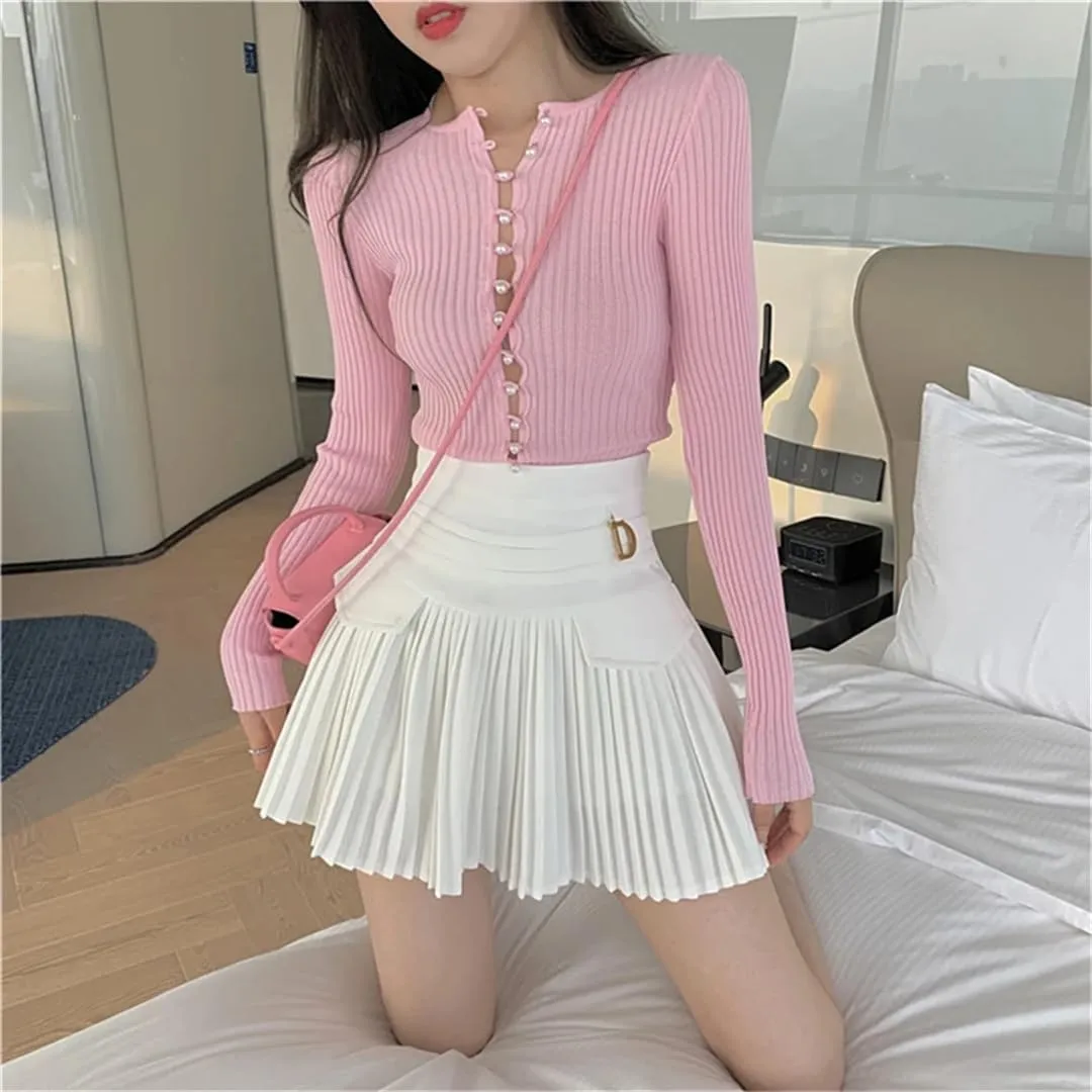 Women White Pleated Skirts Sexy Slim College High Waist Mini Metal Letter Line Clubwear