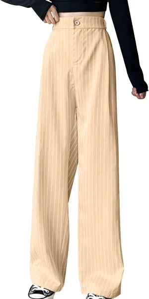 Women Wide Leg Dress Pants Fall Fashion Stripes Buttoned High Waist Business Casual Straight Trousers Loose Sweatpant