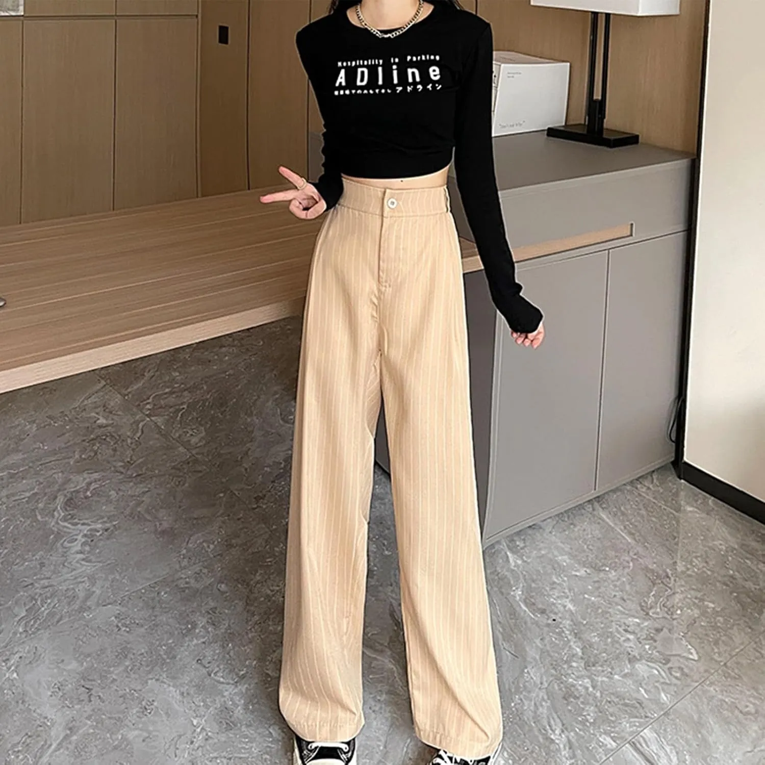 Women Wide Leg Dress Pants Fall Fashion Stripes Buttoned High Waist Business Casual Straight Trousers Loose Sweatpant
