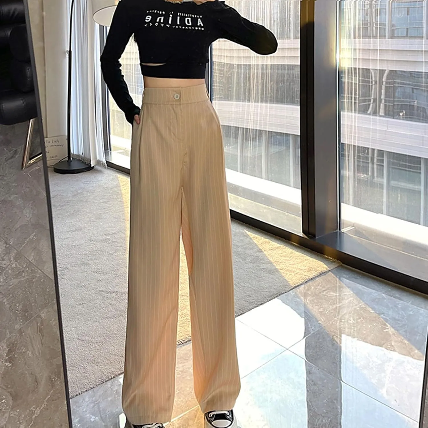 Women Wide Leg Dress Pants Fall Fashion Stripes Buttoned High Waist Business Casual Straight Trousers Loose Sweatpant