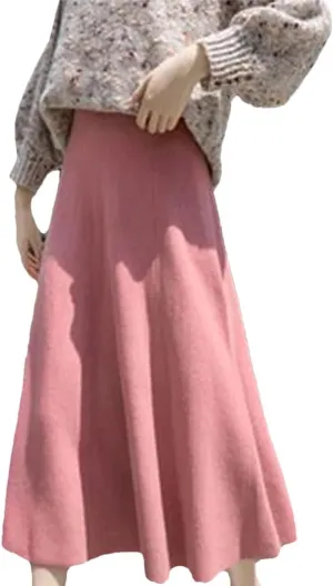 Women Winter Knitted Midi Skirt Pleated Casual Loose Skirt