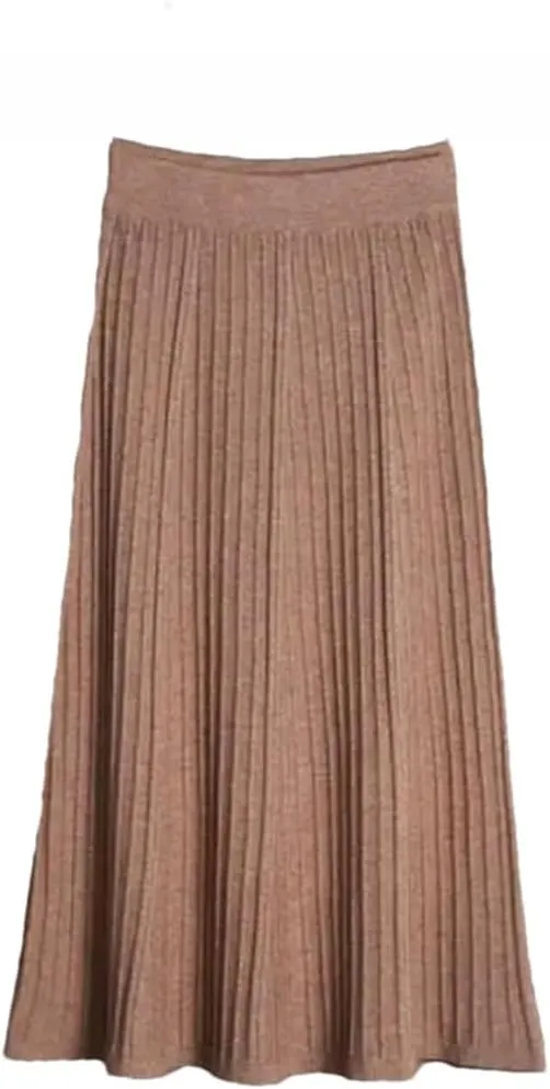 Women Winter Warm Knitted Skirt Elastic High Waist Pleated Knit Casual All Match Long Midi Skirt
