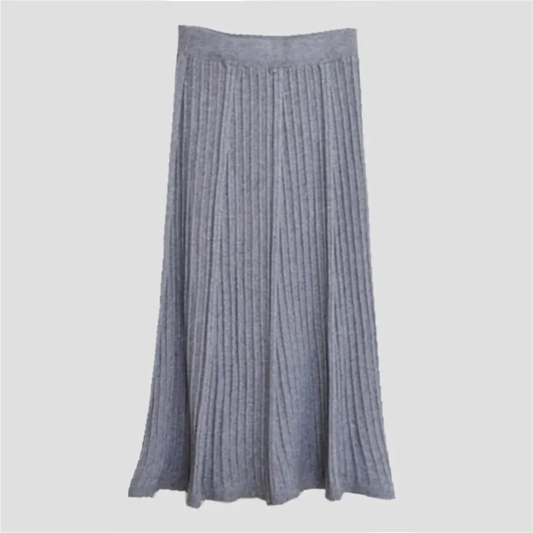 Women Winter Warm Knitted Skirt Elastic High Waist Pleated Knit Casual All Match Long Midi Skirt