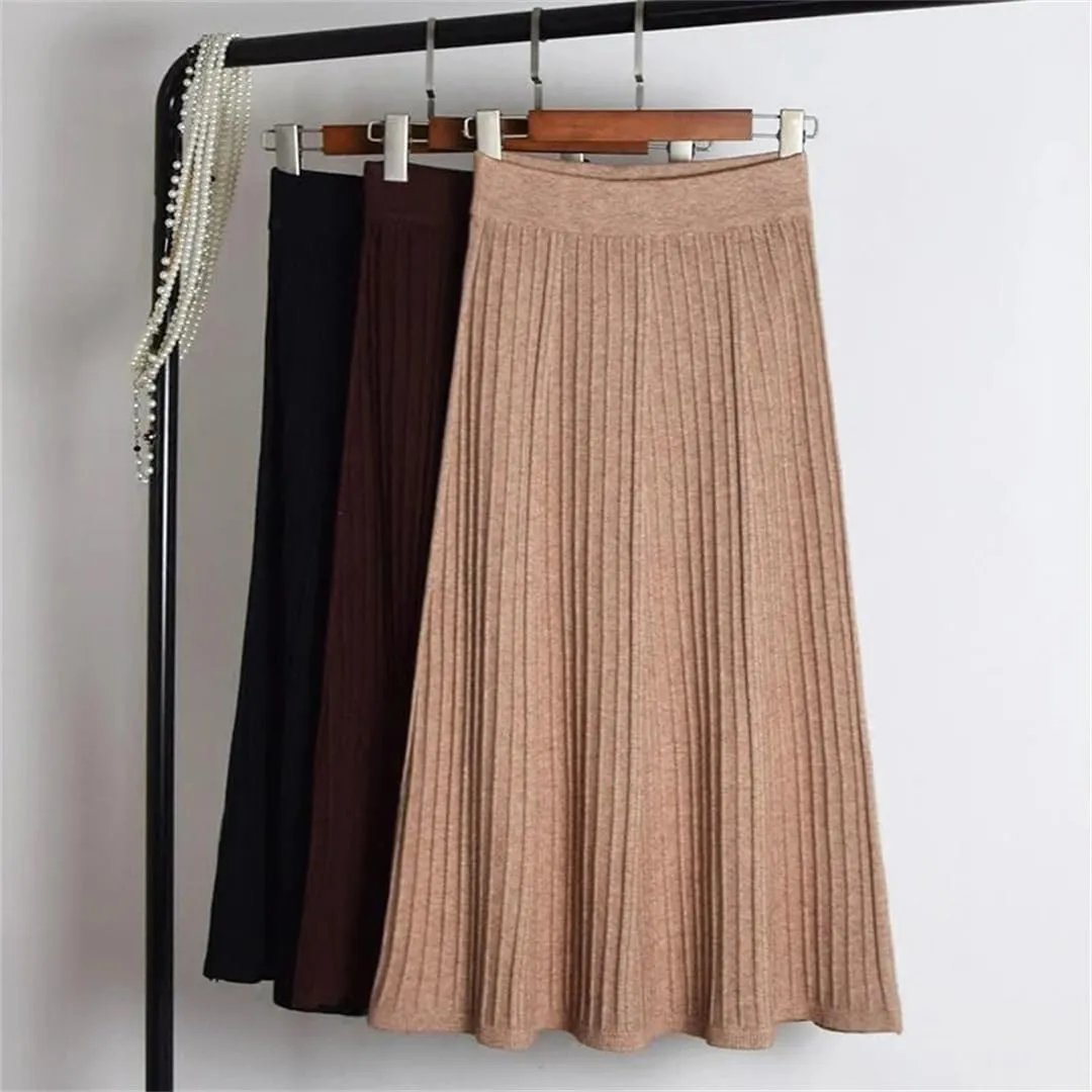 Women Winter Warm Knitted Skirt Elastic High Waist Pleated Knit Casual All Match Long Midi Skirt