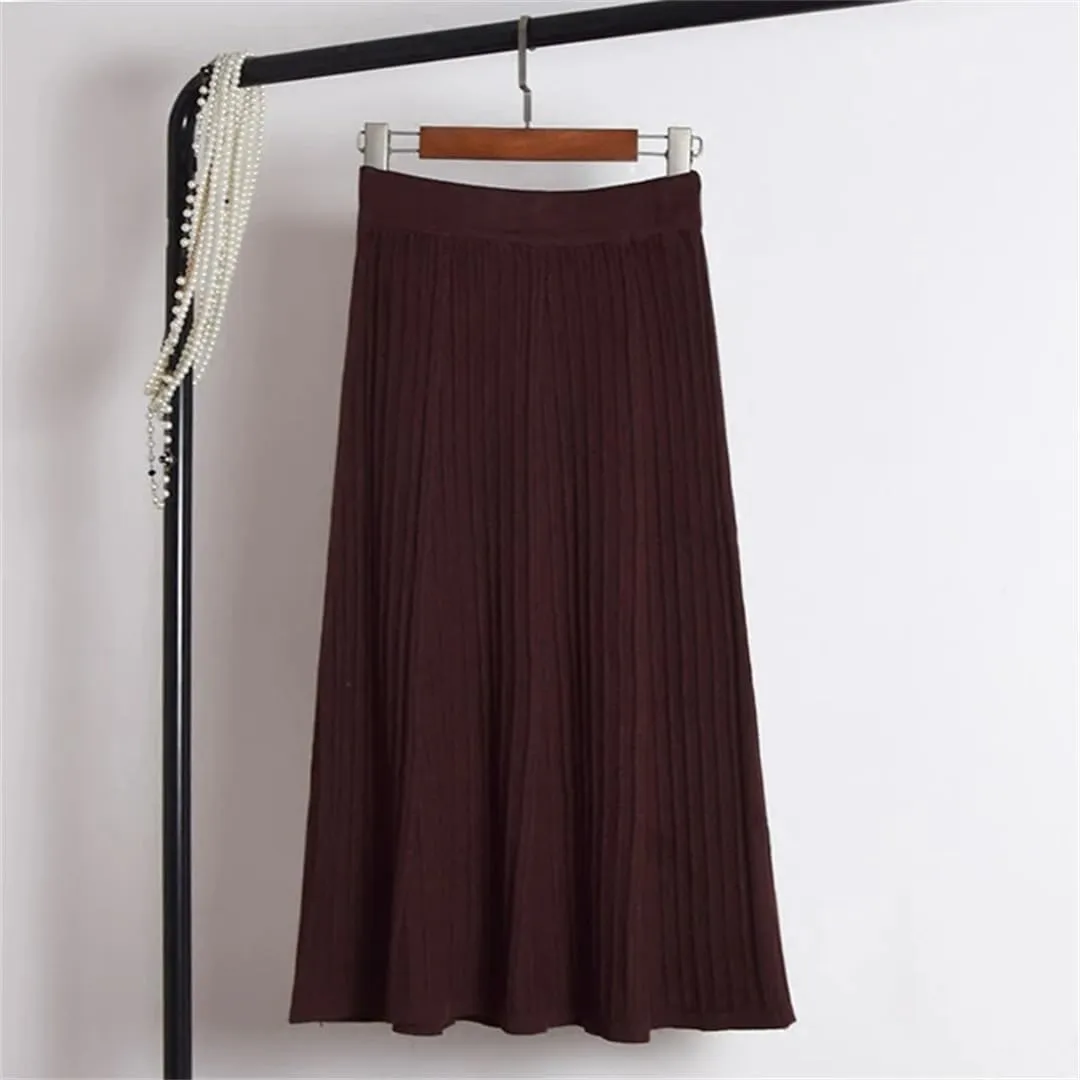 Women Winter Warm Knitted Skirt Elastic High Waist Pleated Knit Casual All Match Long Midi Skirt