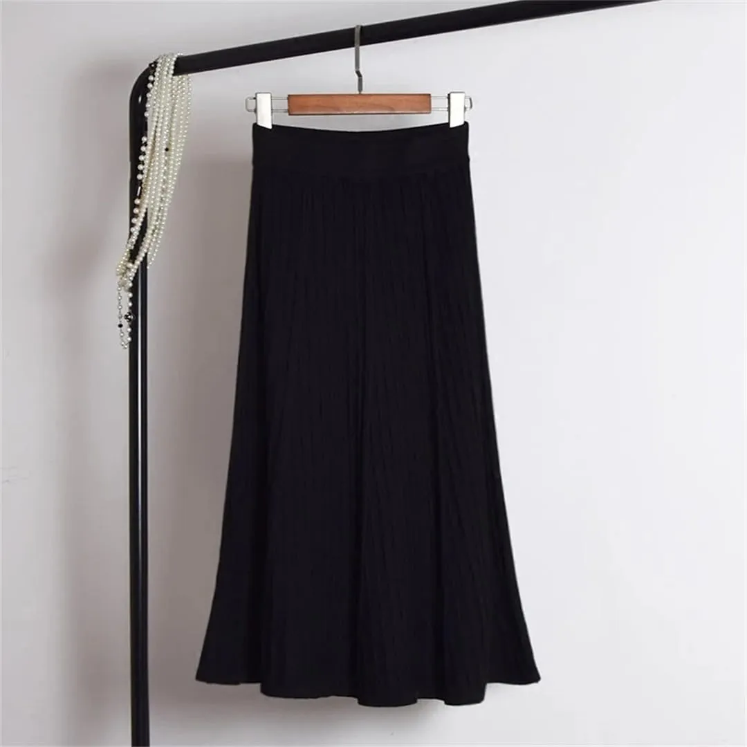 Women Winter Warm Knitted Skirt Elastic High Waist Pleated Knit Casual All Match Long Midi Skirt