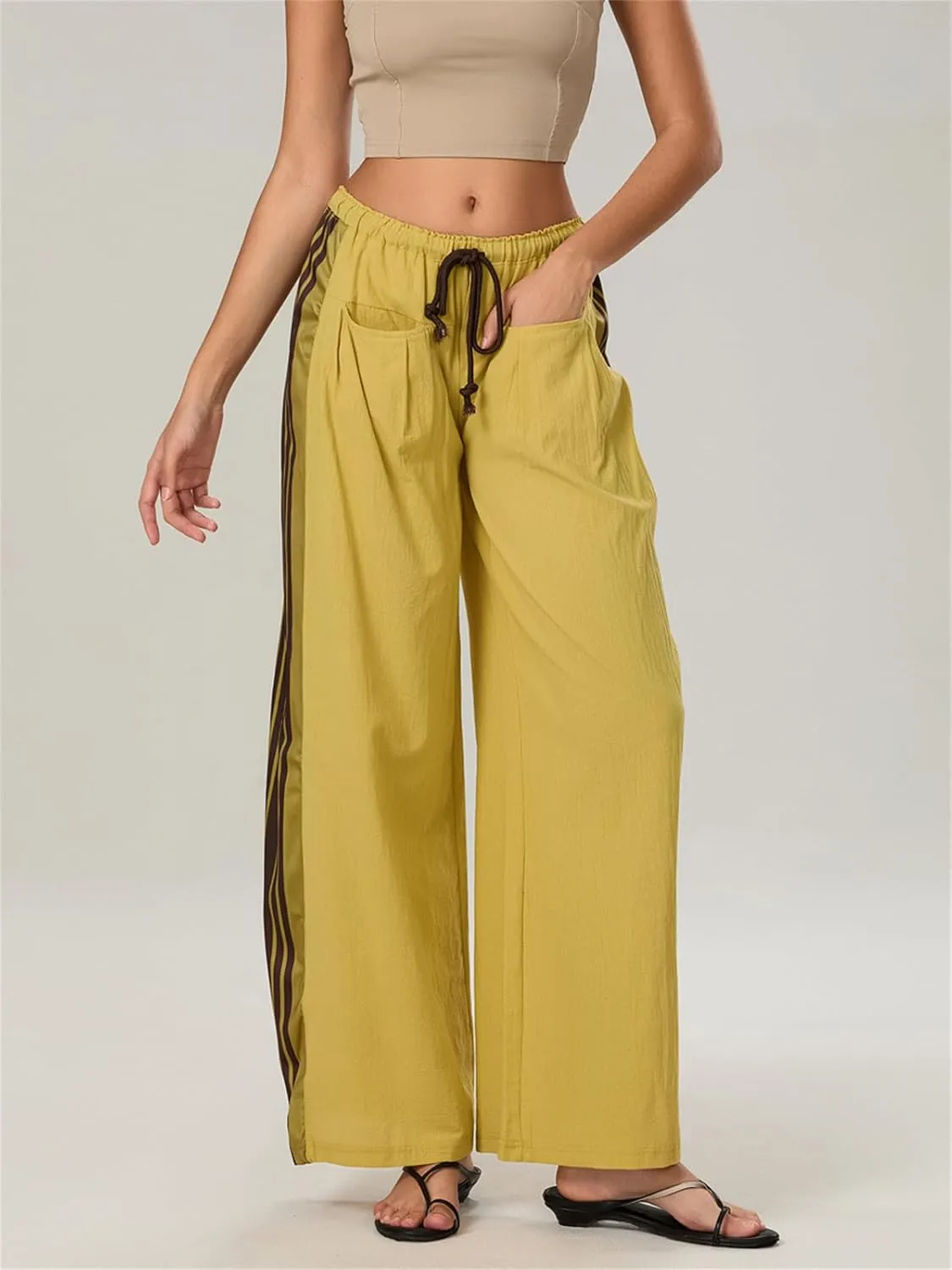 Women Y2k Track Pants Side Striped Wide Leg Baggy Pants Casual Drawstring Waist Parachute Sweatpants Streetwear