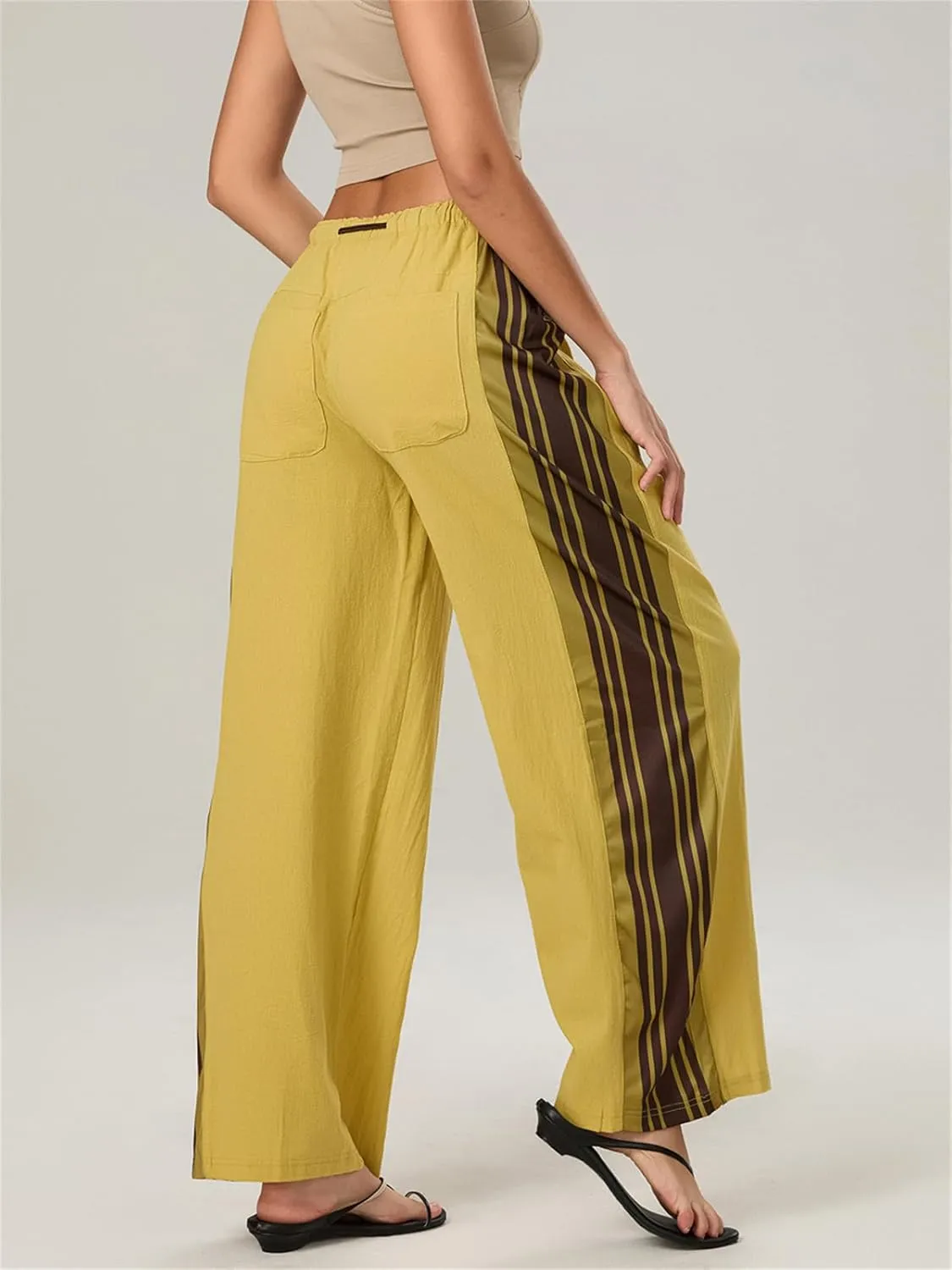 Women Y2k Track Pants Side Striped Wide Leg Baggy Pants Casual Drawstring Waist Parachute Sweatpants Streetwear