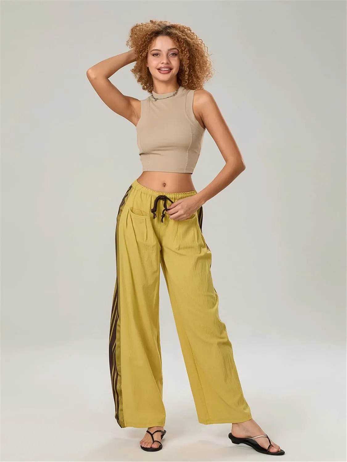 Women Y2k Track Pants Side Striped Wide Leg Baggy Pants Casual Drawstring Waist Parachute Sweatpants Streetwear