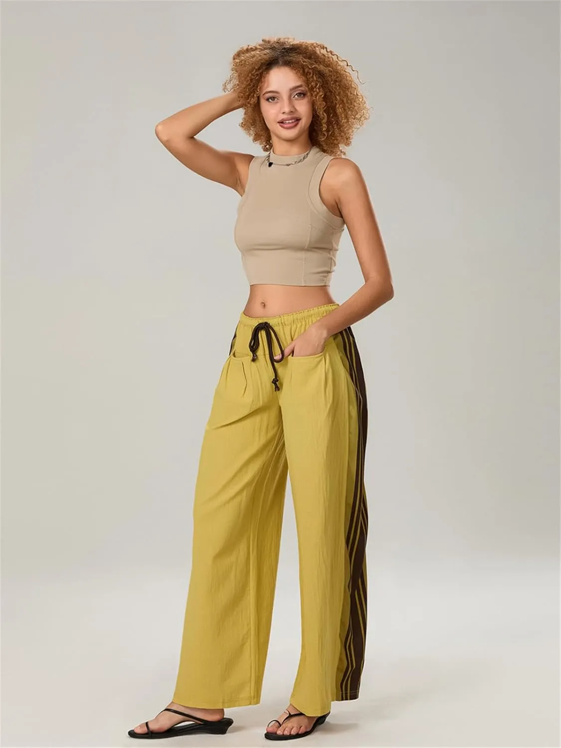Women Y2k Track Pants Side Striped Wide Leg Baggy Pants Casual Drawstring Waist Parachute Sweatpants Streetwear