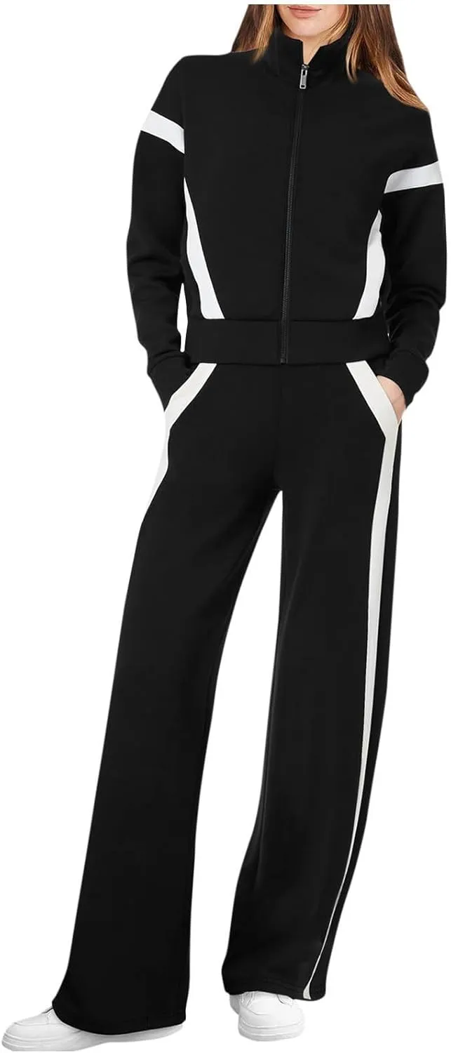 Women's 2 Piece Athleisure Set, Half High Neck Zip Jacket, Wide Leg Elastic High Waisted Pockets Pants Jogging Outfit