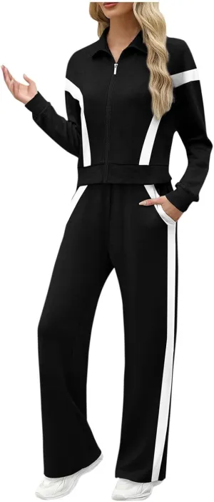 Women's 2 Piece Athleisure Set, Half High Neck Zip Jacket, Wide Leg Elastic High Waisted Pockets Pants Jogging Outfit