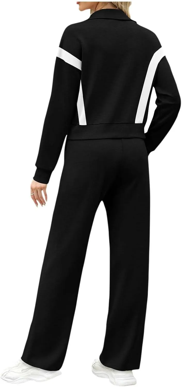 Women's 2 Piece Athleisure Set, Half High Neck Zip Jacket, Wide Leg Elastic High Waisted Pockets Pants Jogging Outfit