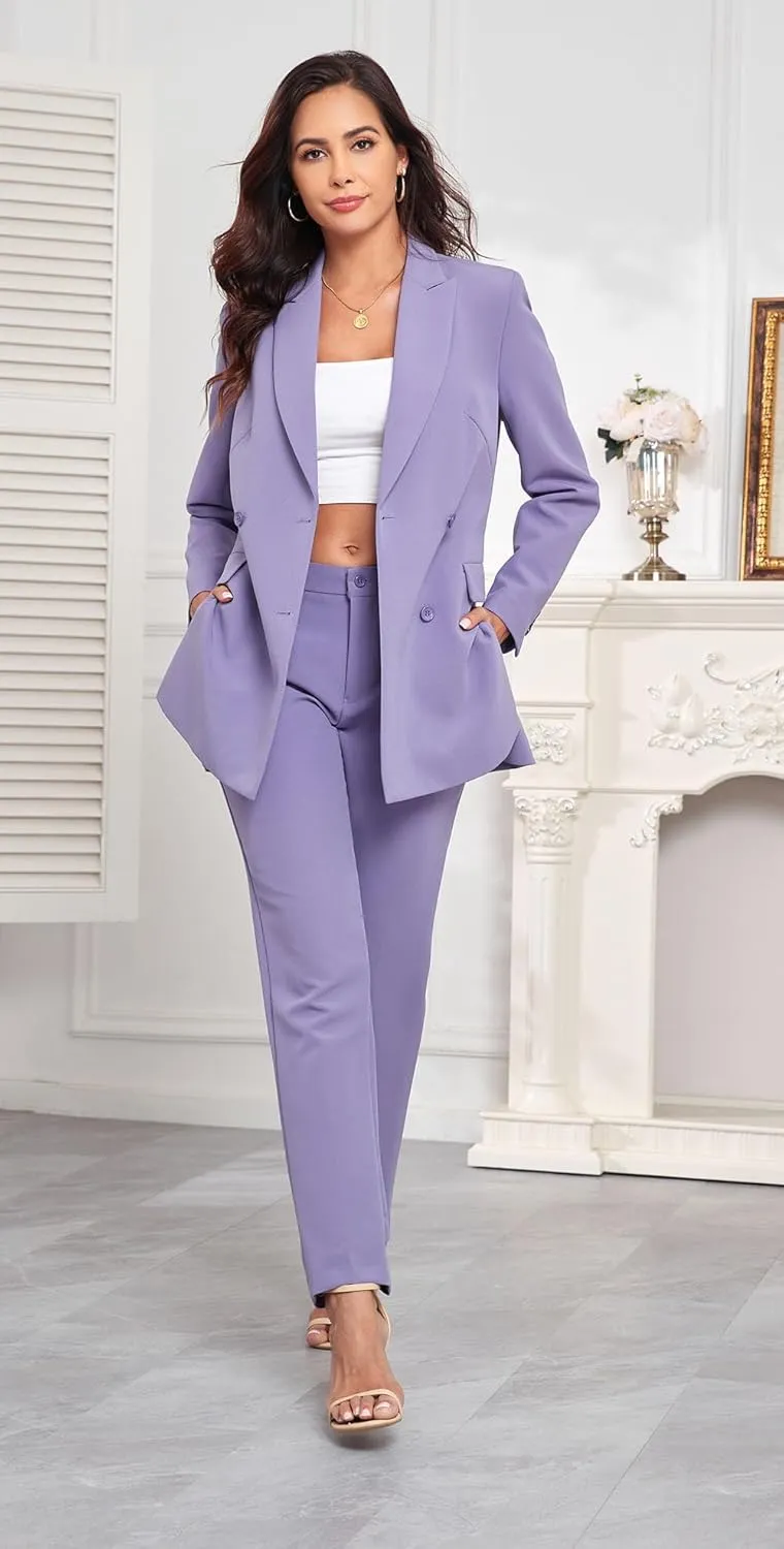 Women's 2 Pieces Pant Suits, Double Breasted Blazer Set, Casual Loose Long Blazer Jackets and Long Pant Suits with Pockets