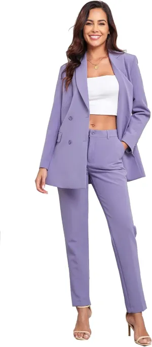 Women's 2 Pieces Pant Suits, Double Breasted Blazer Set, Casual Loose Long Blazer Jackets and Long Pant Suits with Pockets