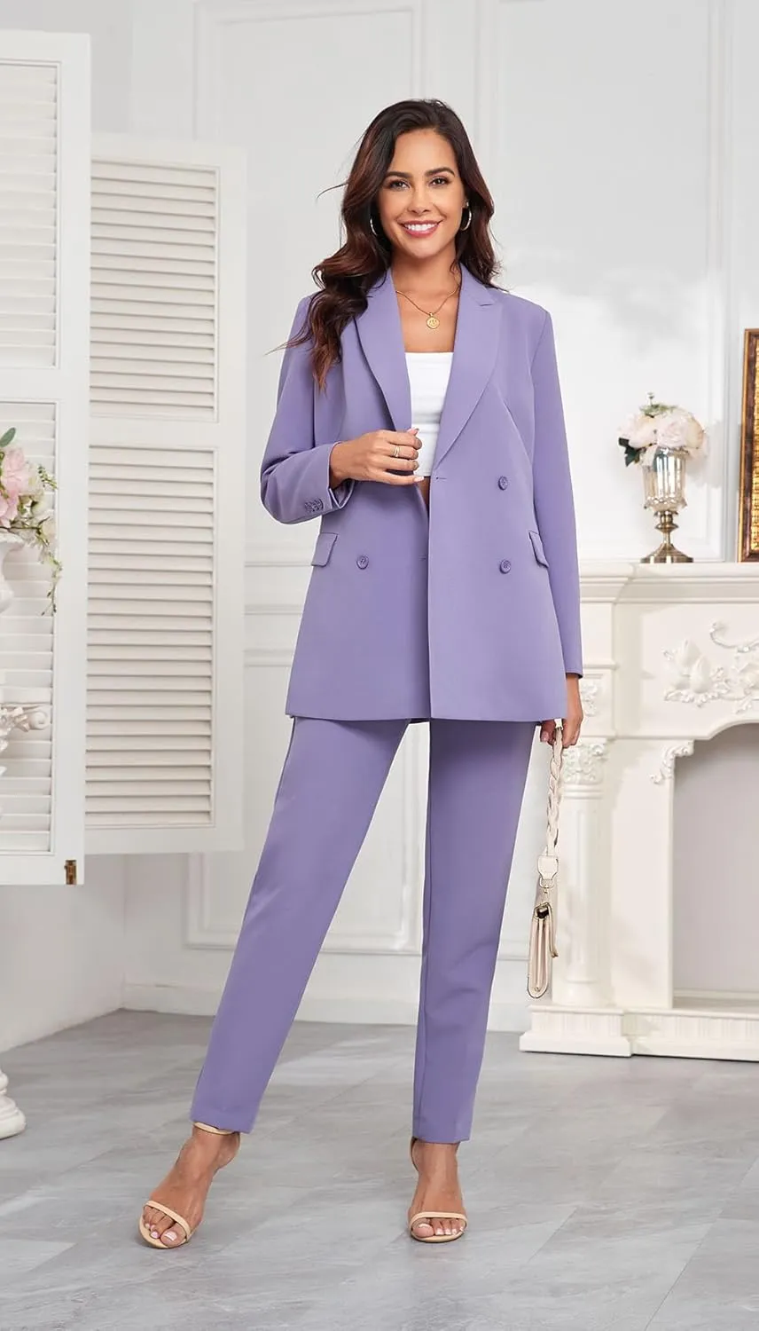 Women's 2 Pieces Pant Suits, Double Breasted Blazer Set, Casual Loose Long Blazer Jackets and Long Pant Suits with Pockets