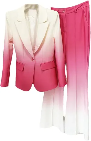 Women's 2024 Designer 2 Piece Outfits Suit Set Gradient Color Printed Single Button Blazer Flare Pants Suit