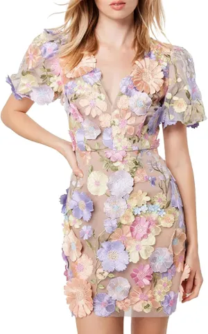 Women's 3D Floral Embroidery Dress Ruffle Sleeve Deep V Lace Bodycon Party Cocktail Mini Dress(Blue-3XL)