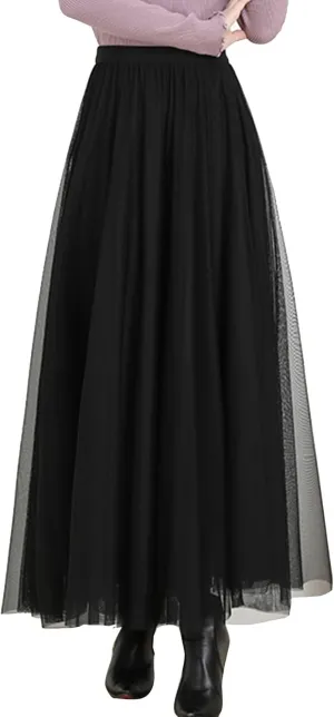Womens A-Line Pleated Tulle Skirt High Elastic Waist Swing Layered Mesh Midi Skirt for Fall Winter