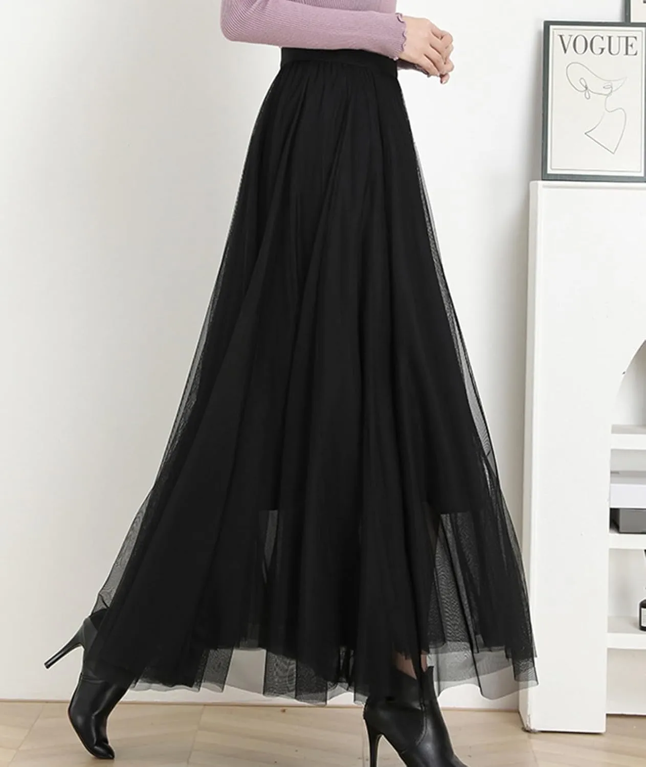 Womens A-Line Pleated Tulle Skirt High Elastic Waist Swing Layered Mesh Midi Skirt for Fall Winter