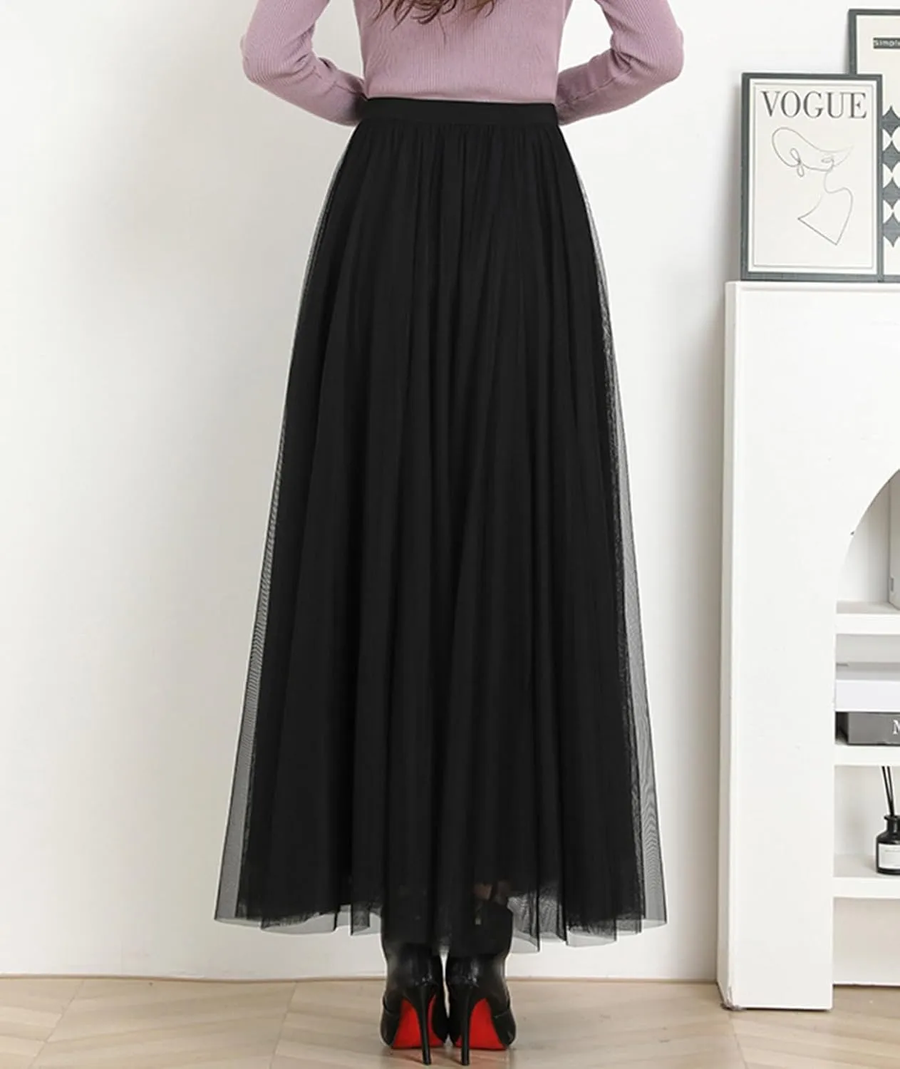 Womens A-Line Pleated Tulle Skirt High Elastic Waist Swing Layered Mesh Midi Skirt for Fall Winter