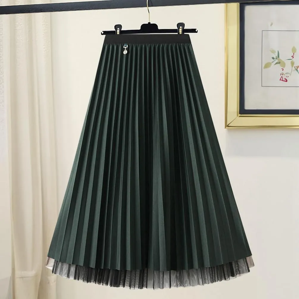 Women's Accordion Swing Midi Pleated Skirt Double Sided Pleated Midi Skirt A-Line Fairy Elastic Waist Tulle Midi Skirt