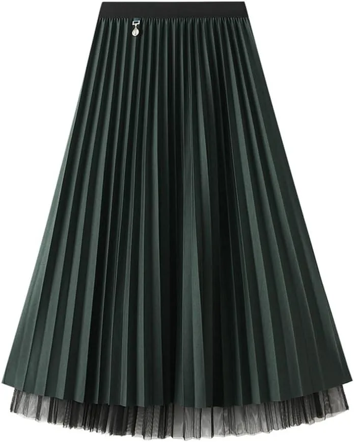 Women's Accordion Swing Midi Pleated Skirt Double Sided Pleated Midi Skirt A-Line Fairy Elastic Waist Tulle Midi Skirt