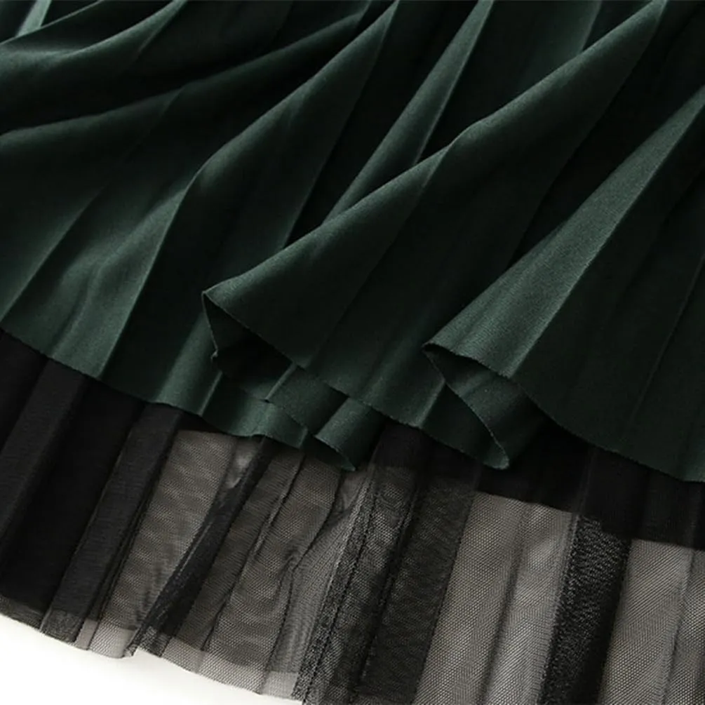 Women's Accordion Swing Midi Pleated Skirt Double Sided Pleated Midi Skirt A-Line Fairy Elastic Waist Tulle Midi Skirt