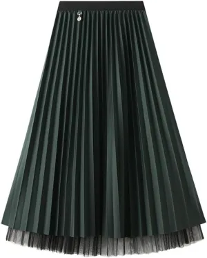Women's Accordion Swing Midi Pleated Skirt Double Sided Pleated Midi Skirt A-Line Fairy Elastic Waist Tulle Midi Skirt
