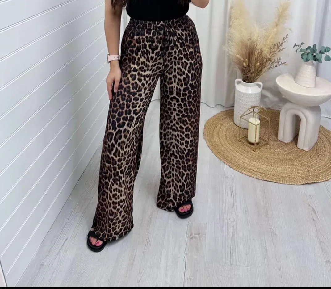 Womens Animal Leopard Print Bottom Pants Ladies Elastic High Waist Trouser with Pockets