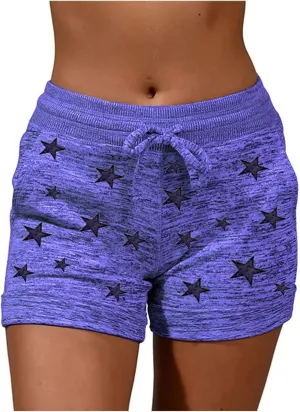 Womens Beach Sport Short Summer Trendy Elastic Slim Drawstring Star Print Short Pants Sport Casual Yoga Short Trouser