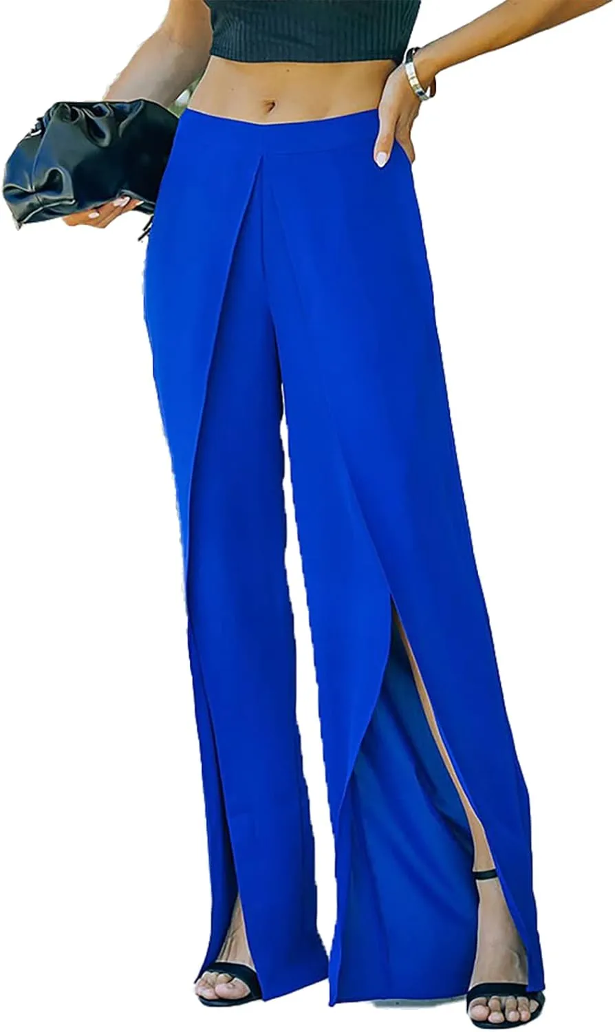 Women's Big Split Front Pants Elastic High Waist Elegant Flare Leg Long Loose Fitting Trousers