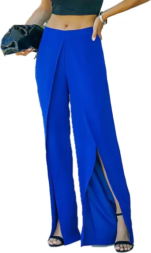 Women's Big Split Front Pants Elastic High Waist Elegant Flare Leg Long Loose Fitting Trousers
