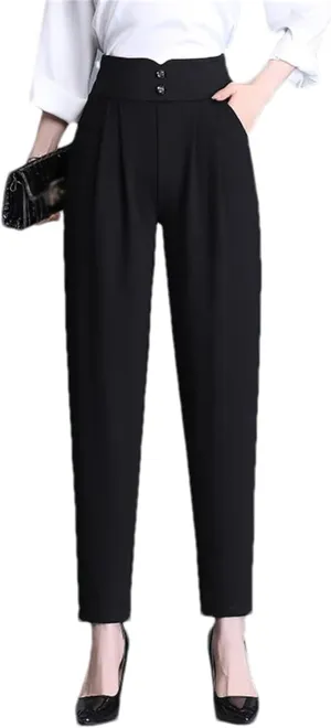 Women's Black Harem Pants Slim High Waist Pleated Stretch Casual Office Pants