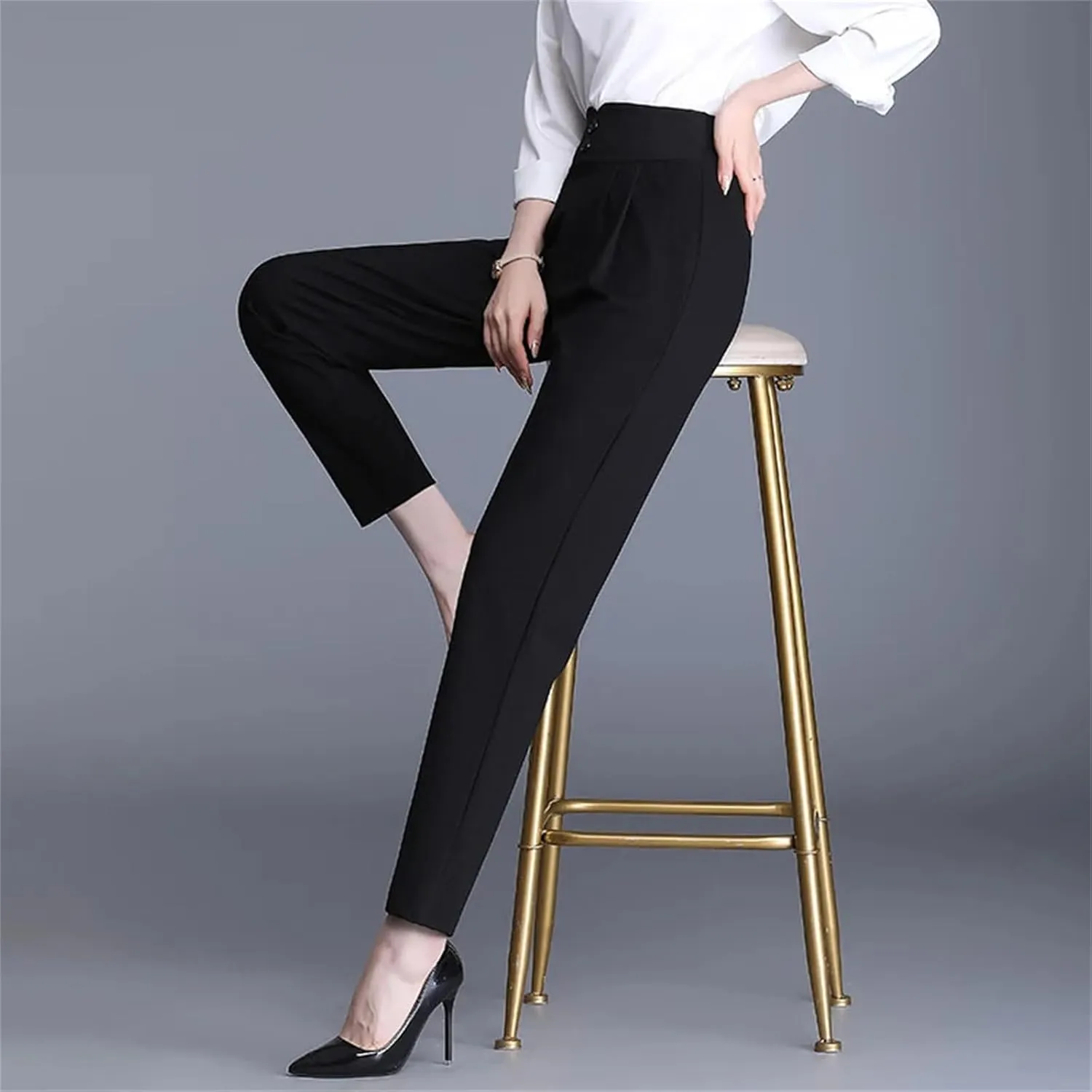 Women's Black Harem Pants Slim High Waist Pleated Stretch Casual Office Pants
