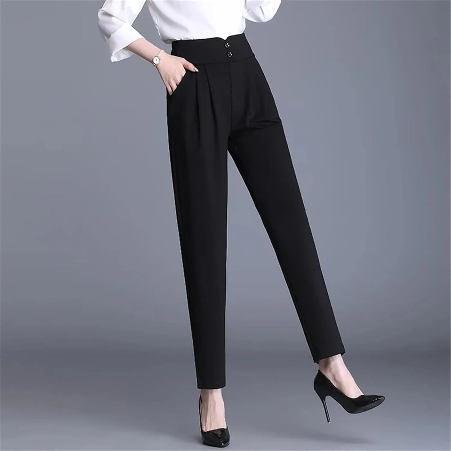 Women's Black Harem Pants Slim High Waist Pleated Stretch Casual Office Pants