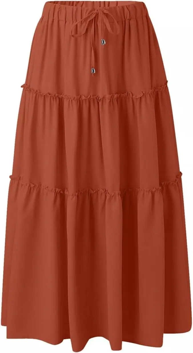 Women's Boho Elastic High Waisted Maxi Skirt Casual A Line Flowy Ruffle Beach Long Skirts