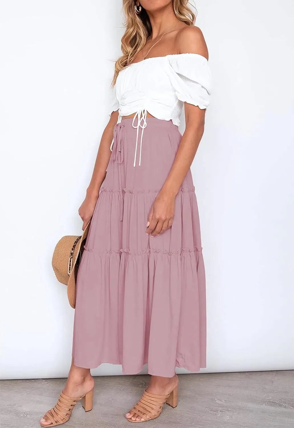 Women's Boho Elastic High Waisted Maxi Skirt Casual A Line Flowy Ruffle Beach Long Skirts