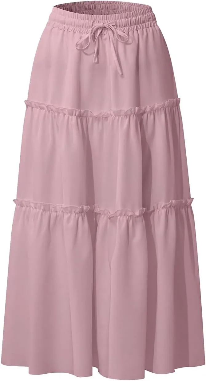 Women's Boho Elastic High Waisted Maxi Skirt Casual A Line Flowy Ruffle Beach Long Skirts