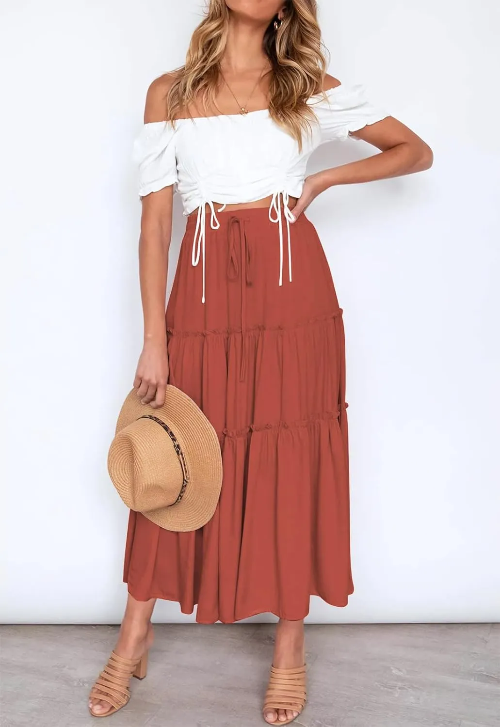 Women's Boho Elastic High Waisted Maxi Skirt Casual A Line Flowy Ruffle Beach Long Skirts