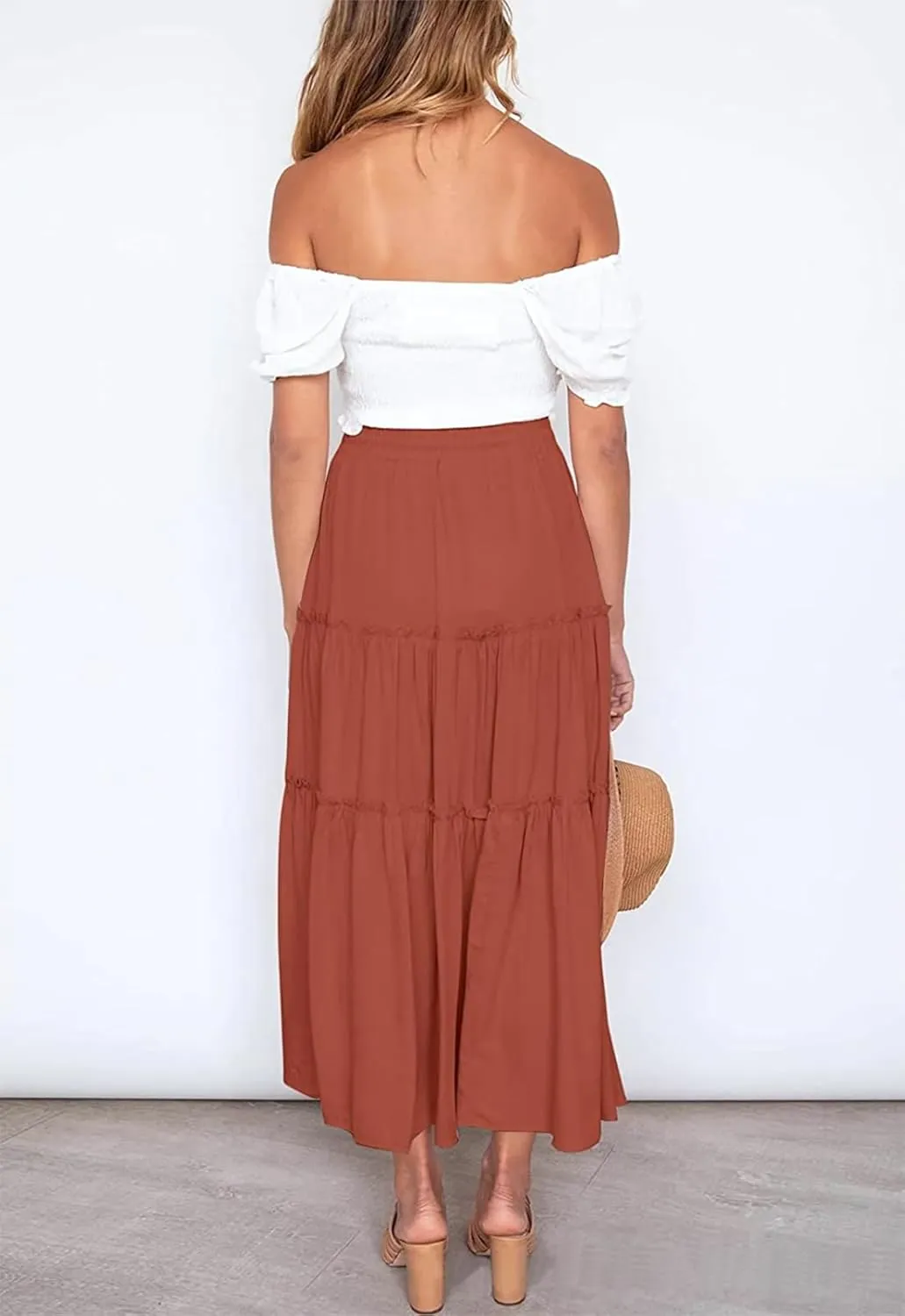 Women's Boho Elastic High Waisted Maxi Skirt Casual A Line Flowy Ruffle Beach Long Skirts