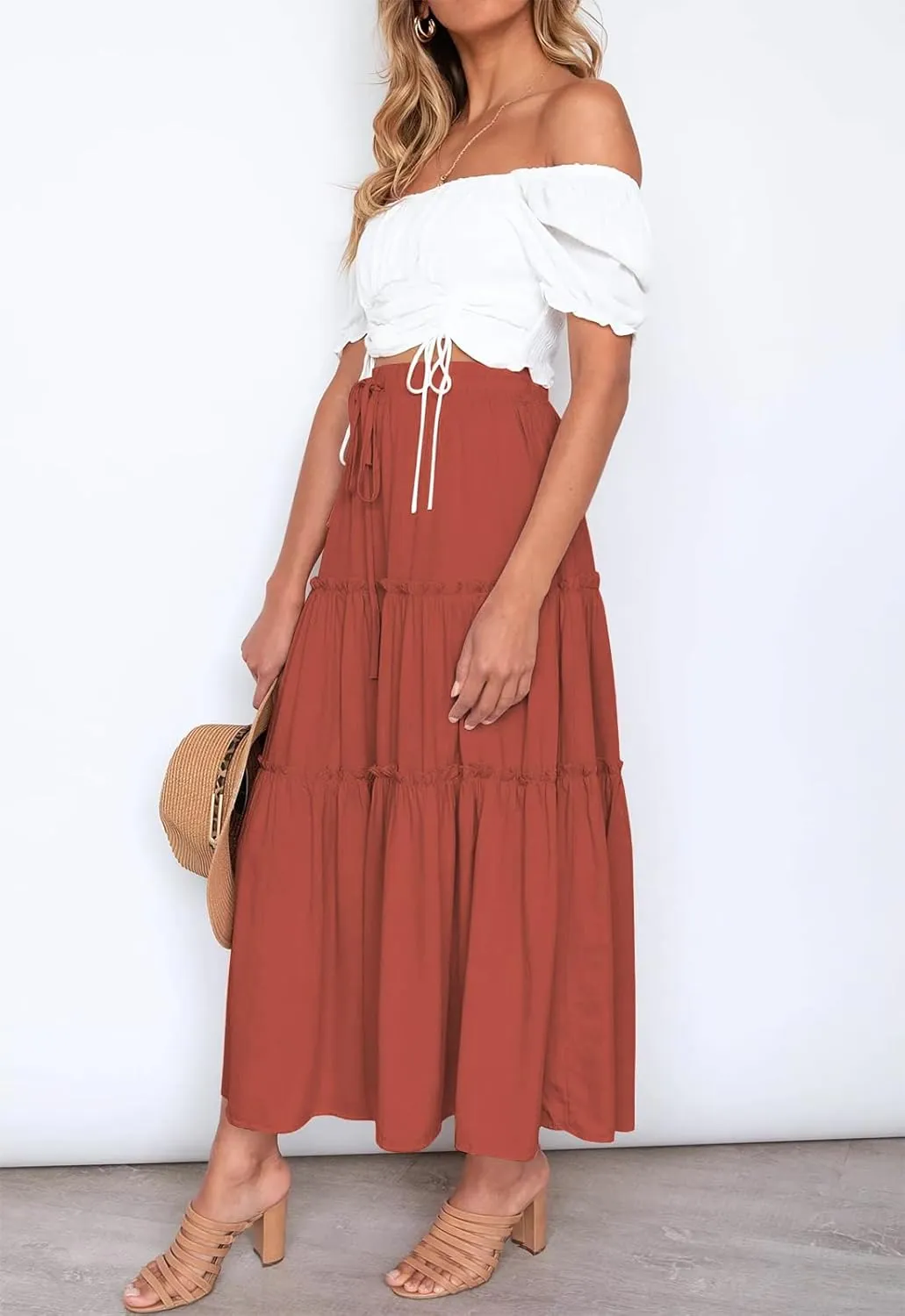 Women's Boho Elastic High Waisted Maxi Skirt Casual A Line Flowy Ruffle Beach Long Skirts